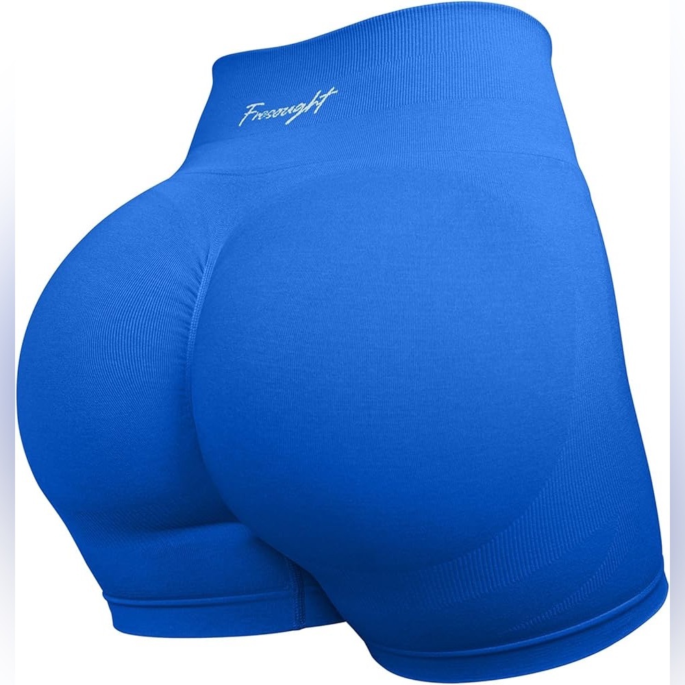 FRESOUGHT Workout Gym Butt Scrunch Tummy Control High Waisted Shorts Blue